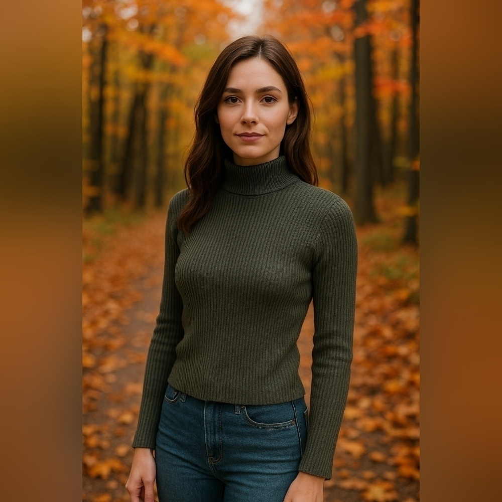 Women Mock Neck Ribbed Knit Crop Sweater Dark Green